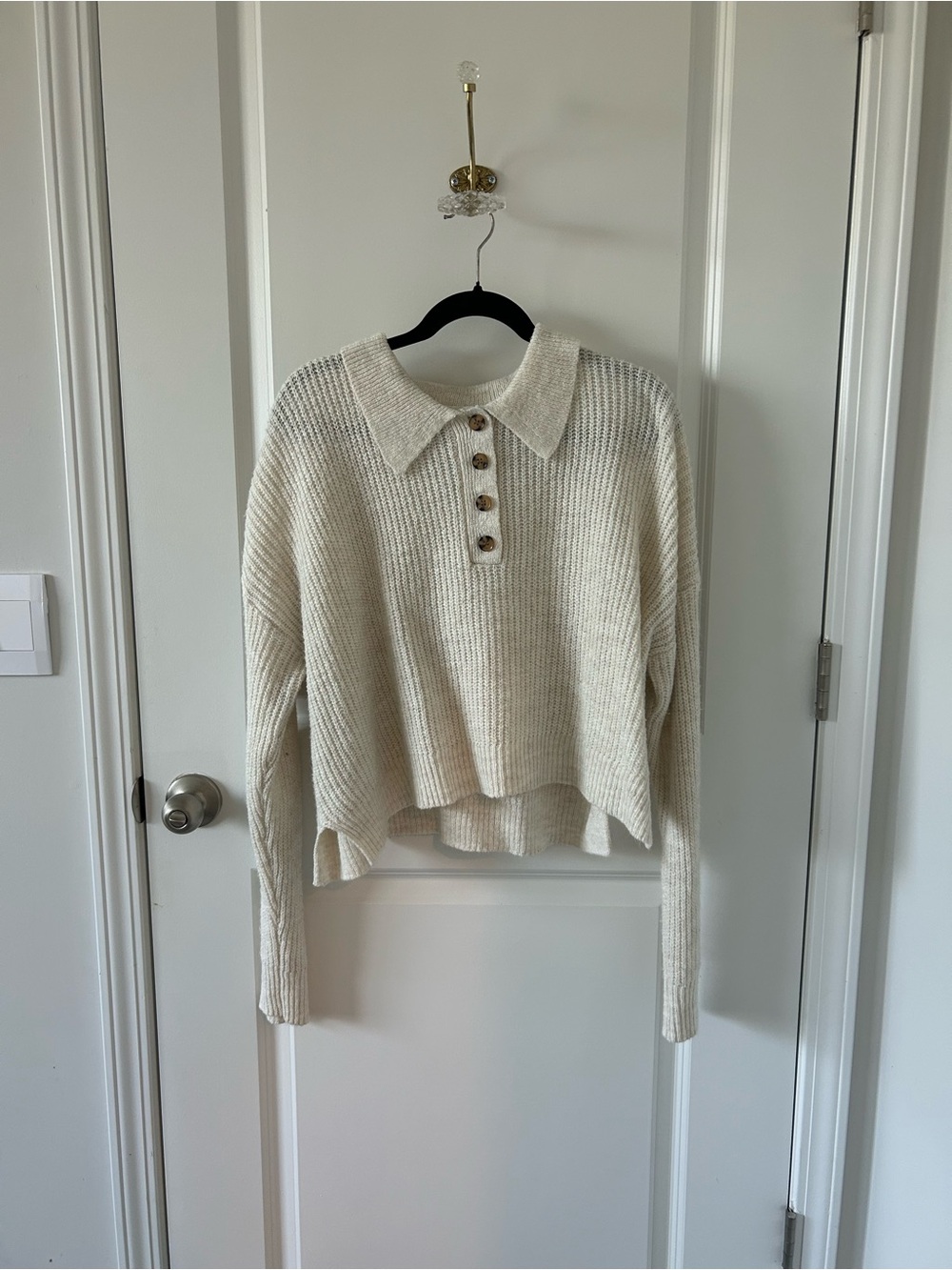 Elodie Cream Collared Button-Front Cropped Sweater